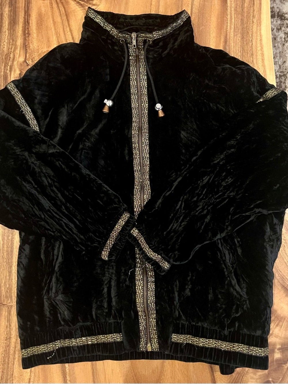 Black Velvet Zip-Up Jacket with Metallic Trim
